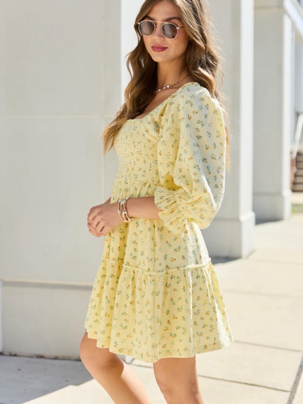 Pink Lily Quincy Yellow Floral Smocked Top Dress